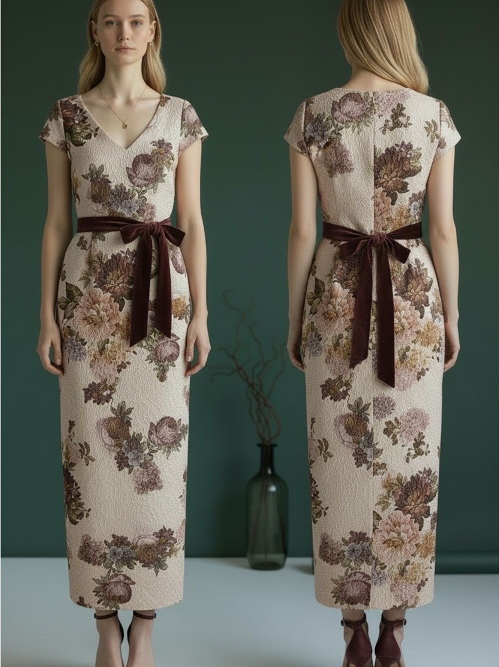 Adrianna Papell Cream Floral Maxi Dress with Plum Satin Tie